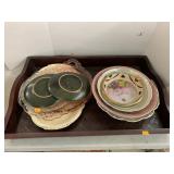 Tray, pink glass, Roseville Plates, misc