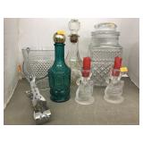 2 Cruets, candy Jar, 2 Candle Sticks, Glass ice