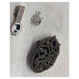 Vintage Hinged Locket, Tie Bar, Turtle Pin