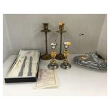 4 Candle sticks, Butter dish with knife holder,