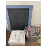 Chalk board, pots, jars, & bucket