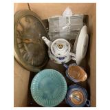 Box of Dishes, clock, misc
