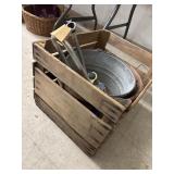 Wooden Box, Sprinkler, Galvanized Bucket