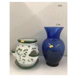 Herb pot and blue vase