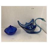 Blue Glass Swan Bowl and Dish