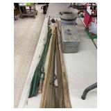 Antique rods, reel, tackle box, & metal buckets