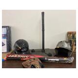 Softball bats, helmets, mitt, & batting stand