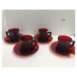 4 Red Glass cups And Saucers