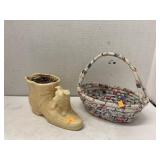 Vntg Shawnee pot and fabric wrapped basket
