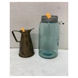 Vntg blue mason jar with lid & metal pitcher