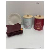 Flour and sugar metal Canisters, 6 dessert plates