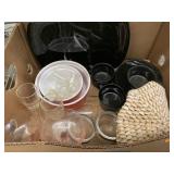 Box of Mikasa dishes, Pink Glasses, misc
