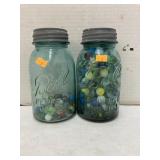 Antique blue Ball jars/lids filled with marbles