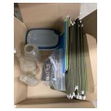 Box of cds, file folders, bottles, misc