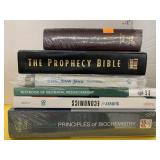 6 books, Bible, Catechism, Biochemistry