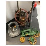 John Deere Tractor (Broken), Metal Dishes, and
