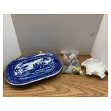 Decorative Blue Dish, Rocks, Ruffled Milk Glass