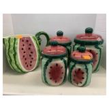 Watermelon Pitcher and 4 Canisters