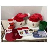 Santa hats, small stockings, & Xmas decor