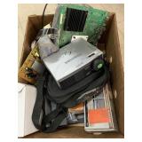 Box of assorted items, projector, misc
