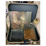 Suitcase with , Rooster Pictures, glass Bottle