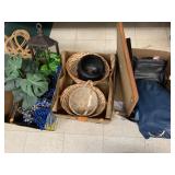 3 boxes of baskets, mirror, decor, misc