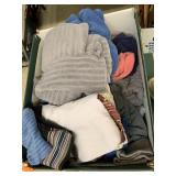 Box of towels, bedding, and misc