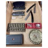 Vintage Flat w/ Razors, Glasses, Camera, Misc