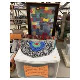 Framed quilt work, braided rugs & sewing box