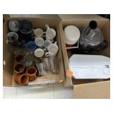 2 boxes of mugs, glasses, misc kitchen items