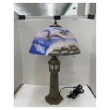 Brass light house lamp w/ painted glass shade