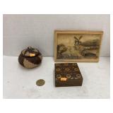 Relief wall hanging, wooden box, basket, & coin
