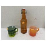 Vntg Fire-King mugs & orange glass bottle