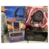Projector, headphones, Light, fog machine, and