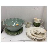 Plates, pottery bowl, pitcher, & creamer