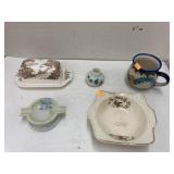 Butter dish, ashtray, bowl, cup, & bottle