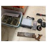 Metal hooks, car radio, tuner wheel locks, saw,