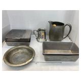 Pewter pitcher & bowl, & aluminum mug & pans