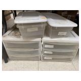 Drawer organizers (1 cracked) and 2 small totes