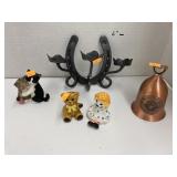 Metal candle holder & bell, cat figure, & shakers