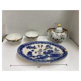 Oriental platter, tea pot, & rice bowls