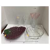 Glass candlesticks, vase, & bowl & grapes bowl
