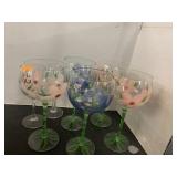 5 Painted Wine Glasses and 2 Etched