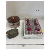 Glass votive candle holders, metal jewelry box, &
