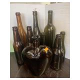 9 Brown, Amber, and Green Bottles, Heart Chipped