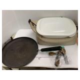 Corning ware dish, pan, cheese knives