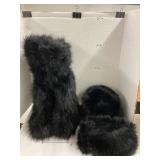 Furry boots (Sz 38), hat, & headband