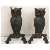Antique cast iron owl fireplace Andirons w Red