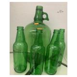 Green Glass, Gallon Jug and 4 Soda bottles