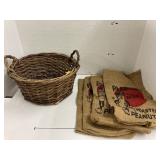 Woven basket & 4- Planters burlap bags